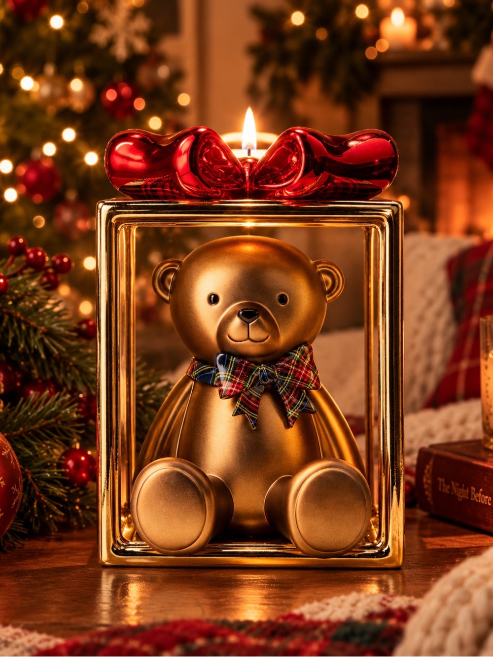 Bath & Body Works Gold Teddy Bear Candle Holder with Red Bow